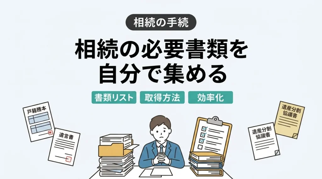 相続の必要書類を自分で集める際の手順や収集方法をわかりやすく解説したアイキャッチ画像。