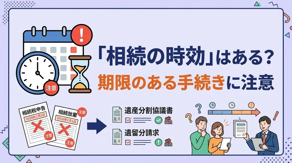 相続人に時効はないが、相続放棄や税申告など期限のある手続きについて解説するイラスト。