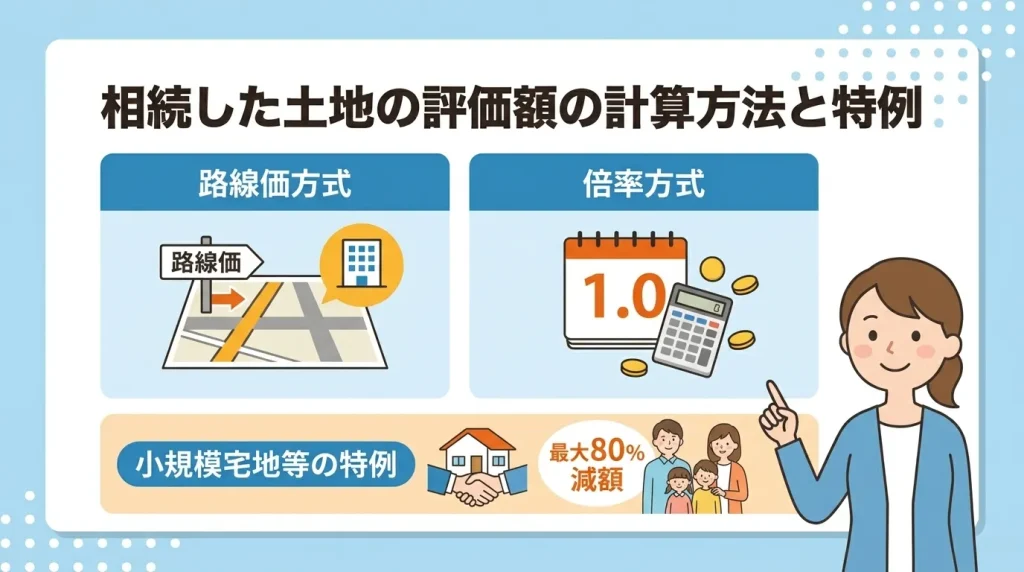 相続した土地の評価額は路線価方式や倍率方式で計算し、小規模宅地等の特例を適用することで安く抑えられます。