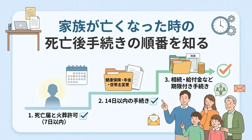 家族が亡くなった際に必要な死亡後手続きについて、優先すべき項目と全体の流れをまとめたイラスト。