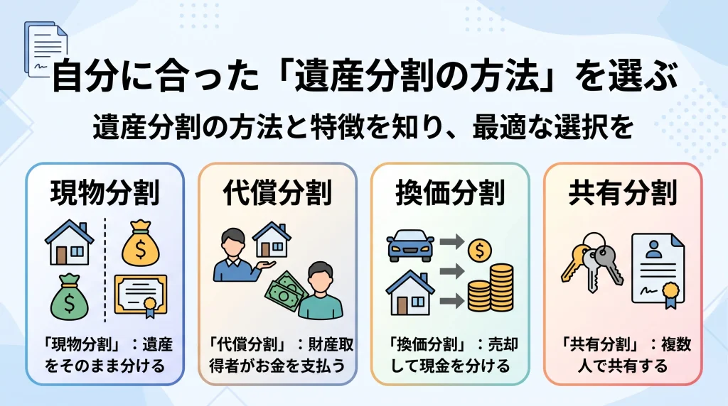 自分に合った遺産分割の方法を選ぶために、現物分割や代償分割、換価分割、共有分割の4つの特徴と違いを理解しましょう。